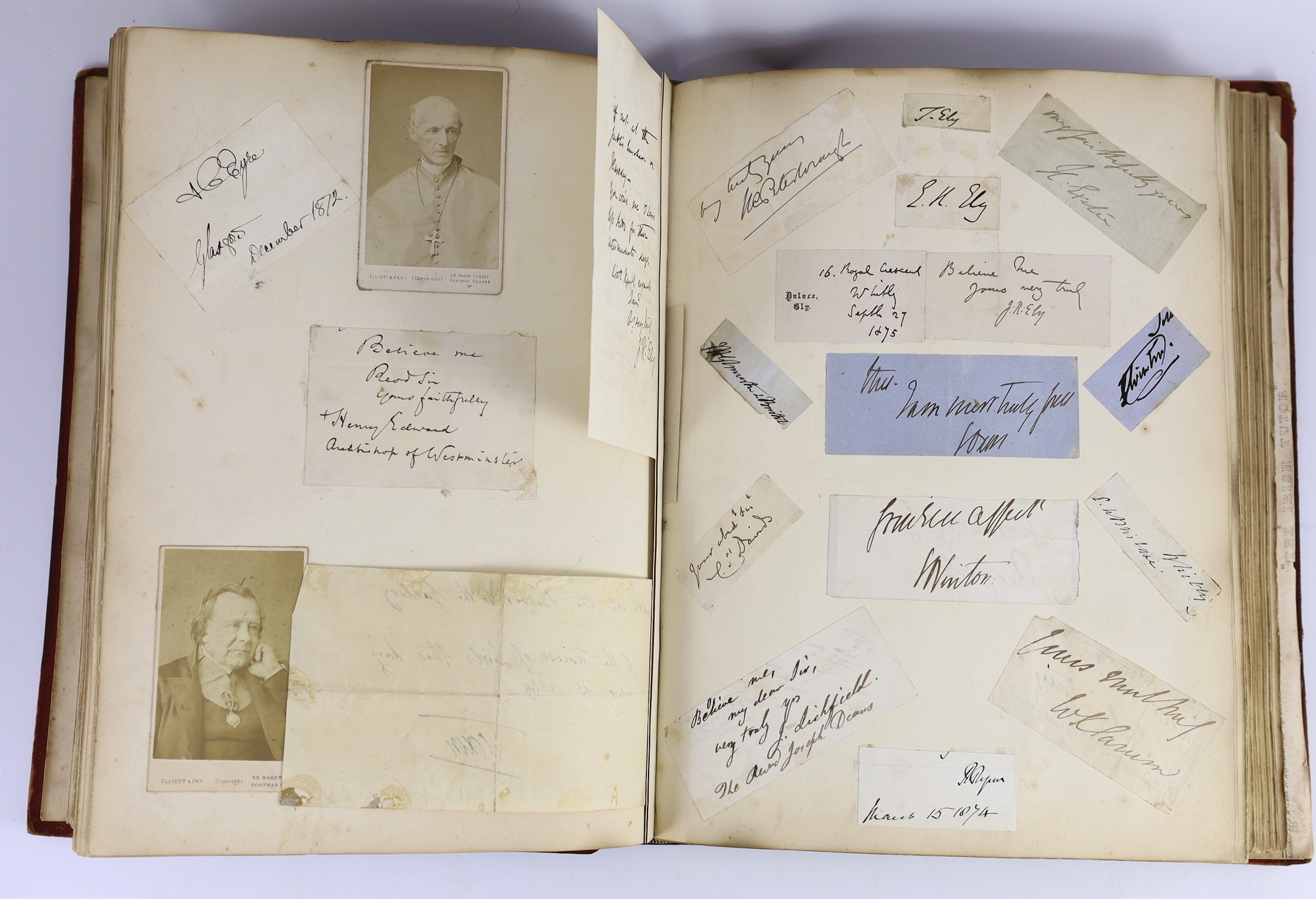 A mid 19th album of autographs, and cabinet photographs, formed by George Joy son of Edward Joy, of Edward Joy and Sons, makers of Filtrate oils, and a Miss Shaw, 130 pages